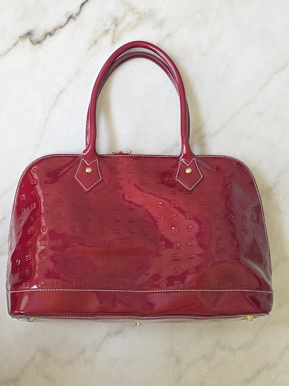Arcadia Italian Patent Leather Monogram Zip Satchel in Cherry Red - Picture 14 of 15